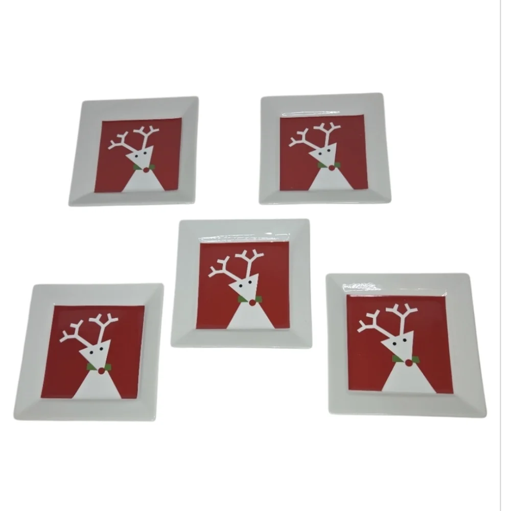 Crate & Barrell 5 Piece Reindeer Appetizer Desert Plate Set